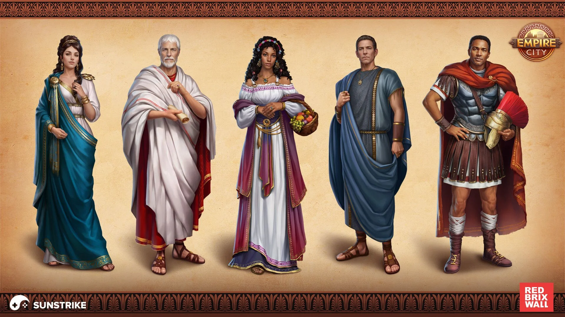 2D character art services - historical Roman character designs for Empire City