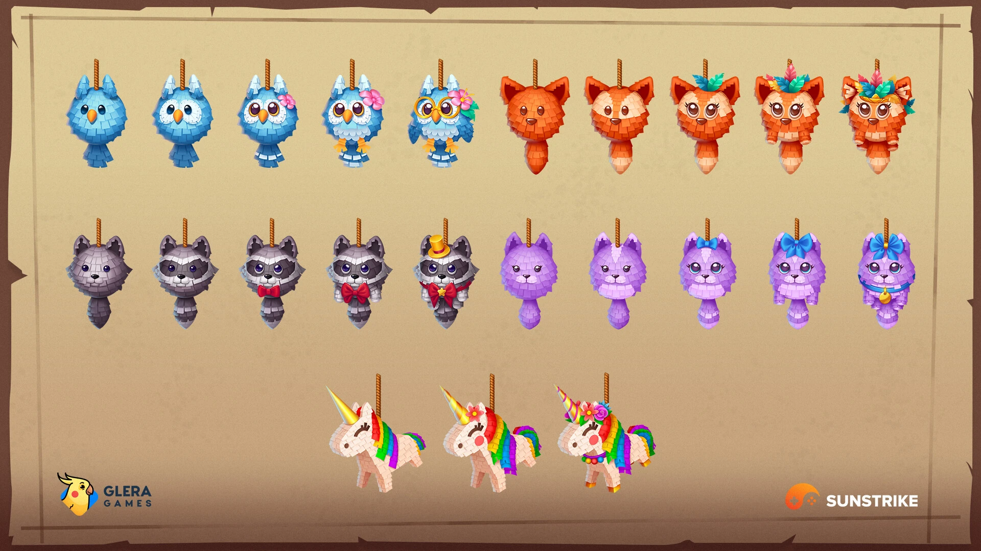 2D game art services - casual animal character icons for Glera Treasure Quest