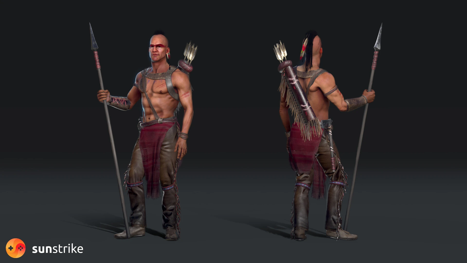 Realistic 3D game character - Native American warrior with spear, front and back