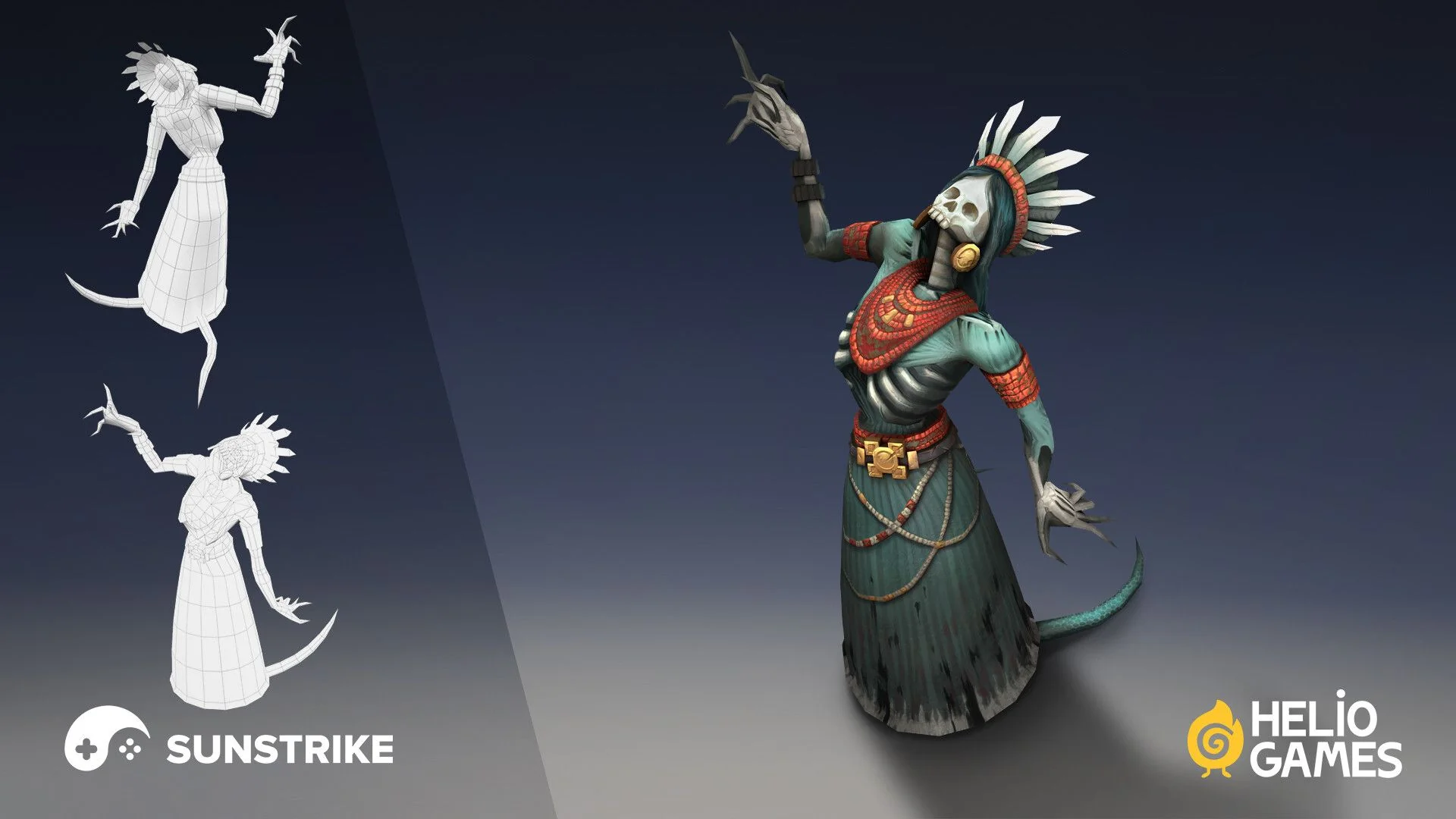 Stylized 3D character design - fantasy aztec warrior creature with wireframe for Helio Games