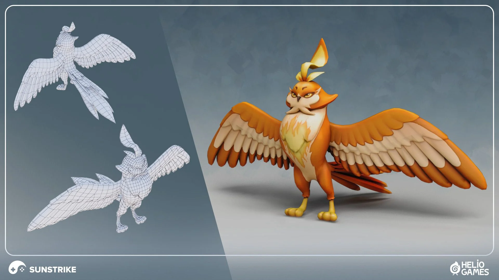 Stylized 3D character modeling services - fantasy owl creature wireframe and render for Helio Games