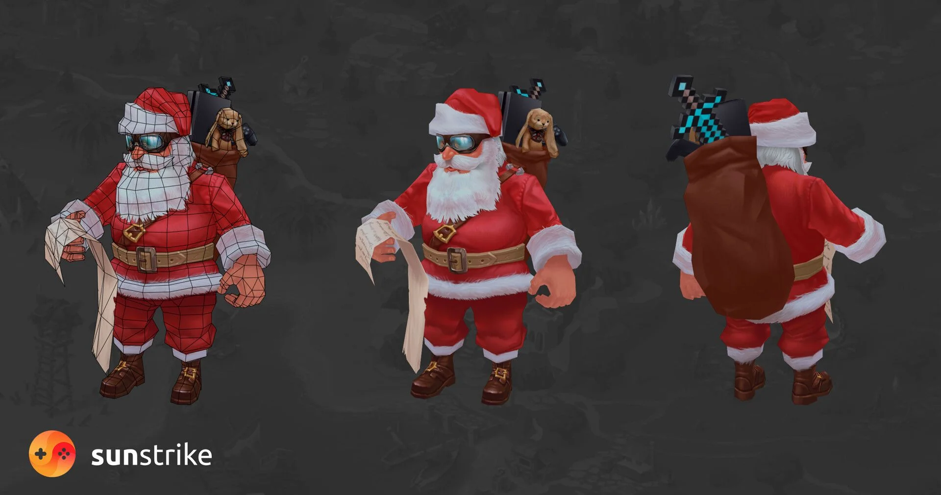 Stylized 3D character modeling - Santa Claus low-poly game character turnaround