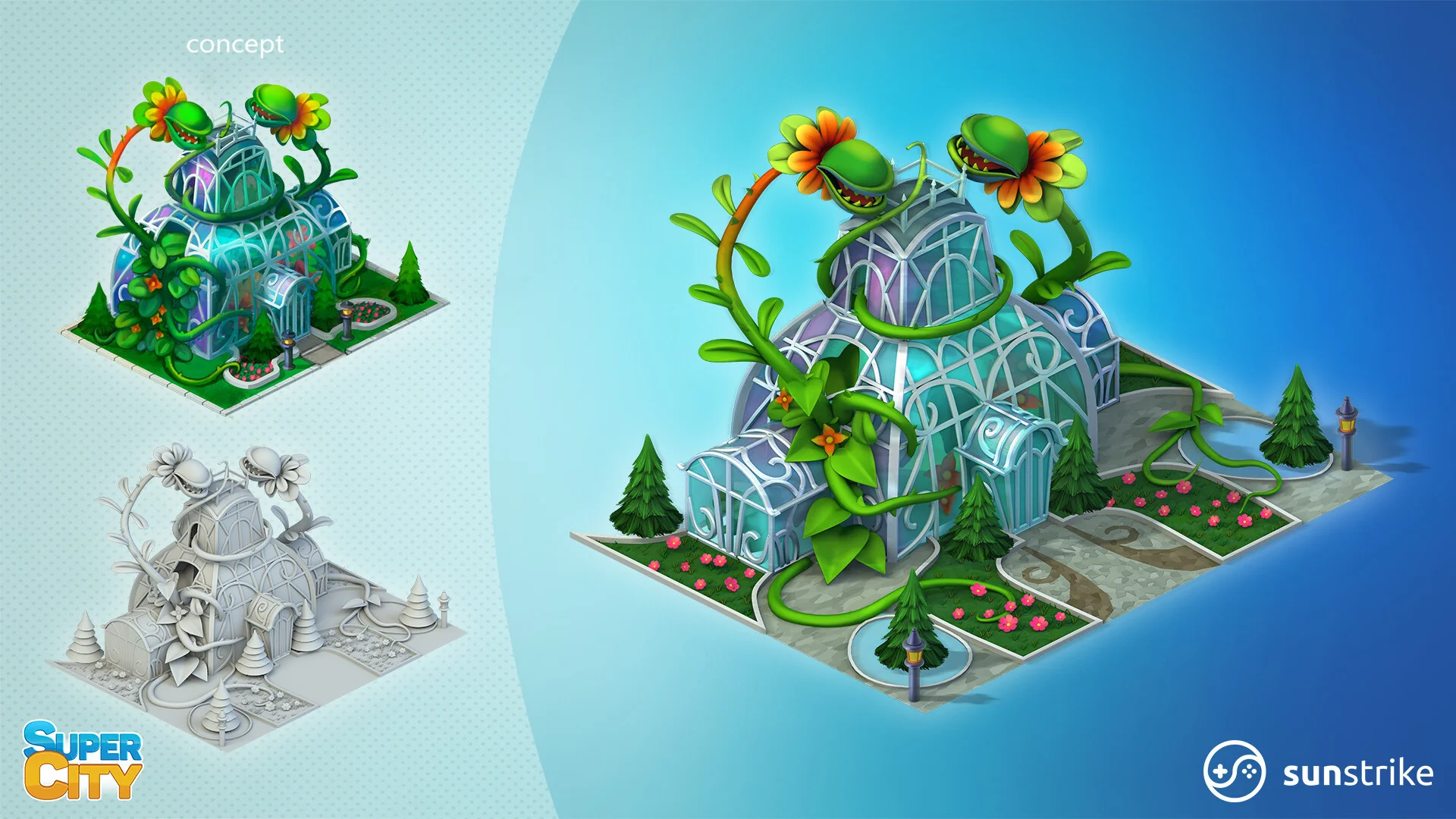 3D game art outsourcing - building concept and 3D render pipeline for Super City
