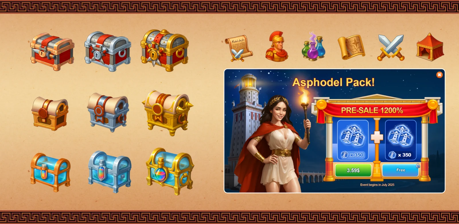 ИИ-маркетинговый арт - вариации сундуков и окно пресейла Asphodel Pack для казуальной мобильной