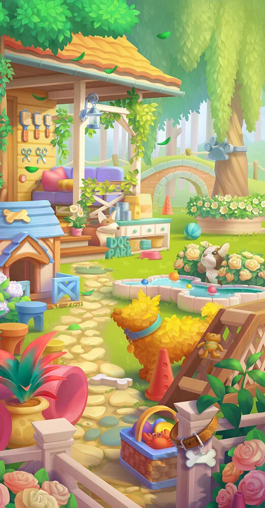 вертикальный арт игрового фона - окружение собачьего парка для мобильной игры