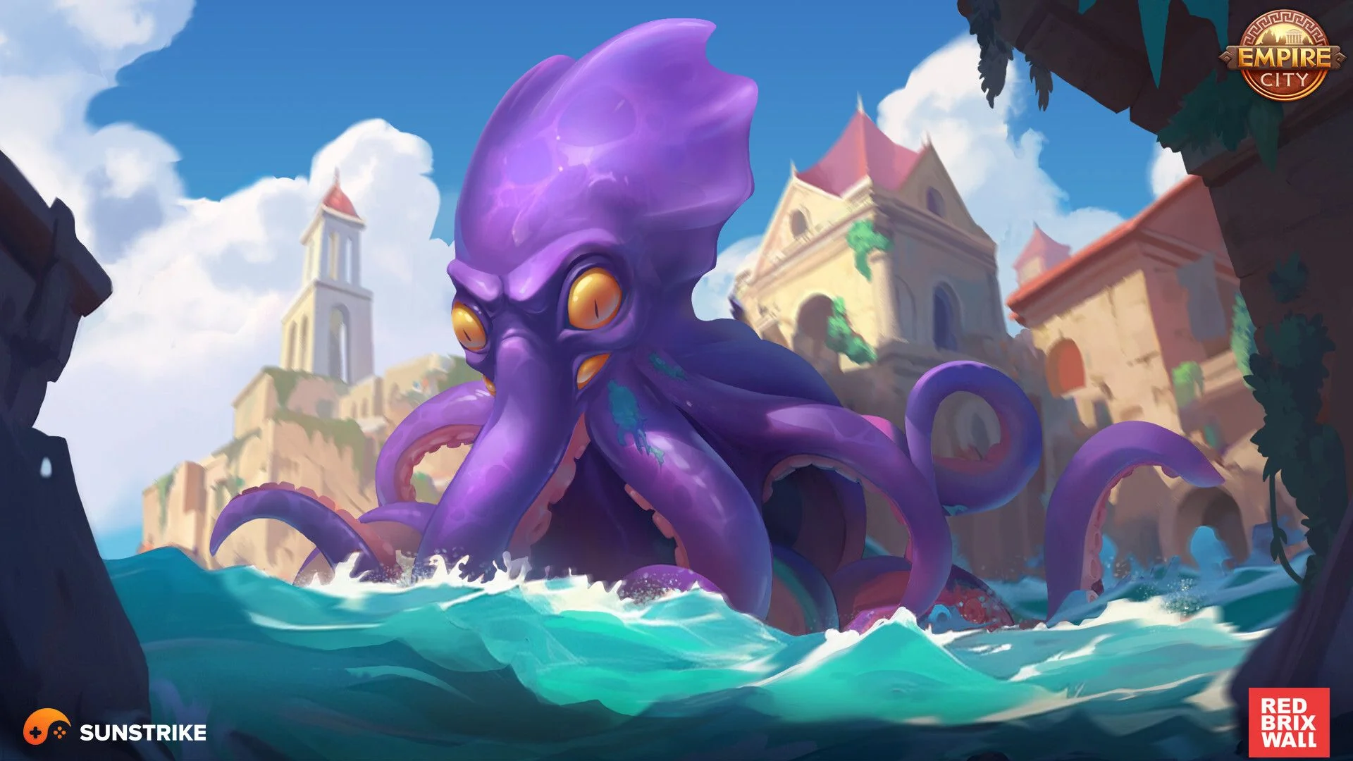 Video game advertisement key visual - giant octopus splash art for Empire City mobile game