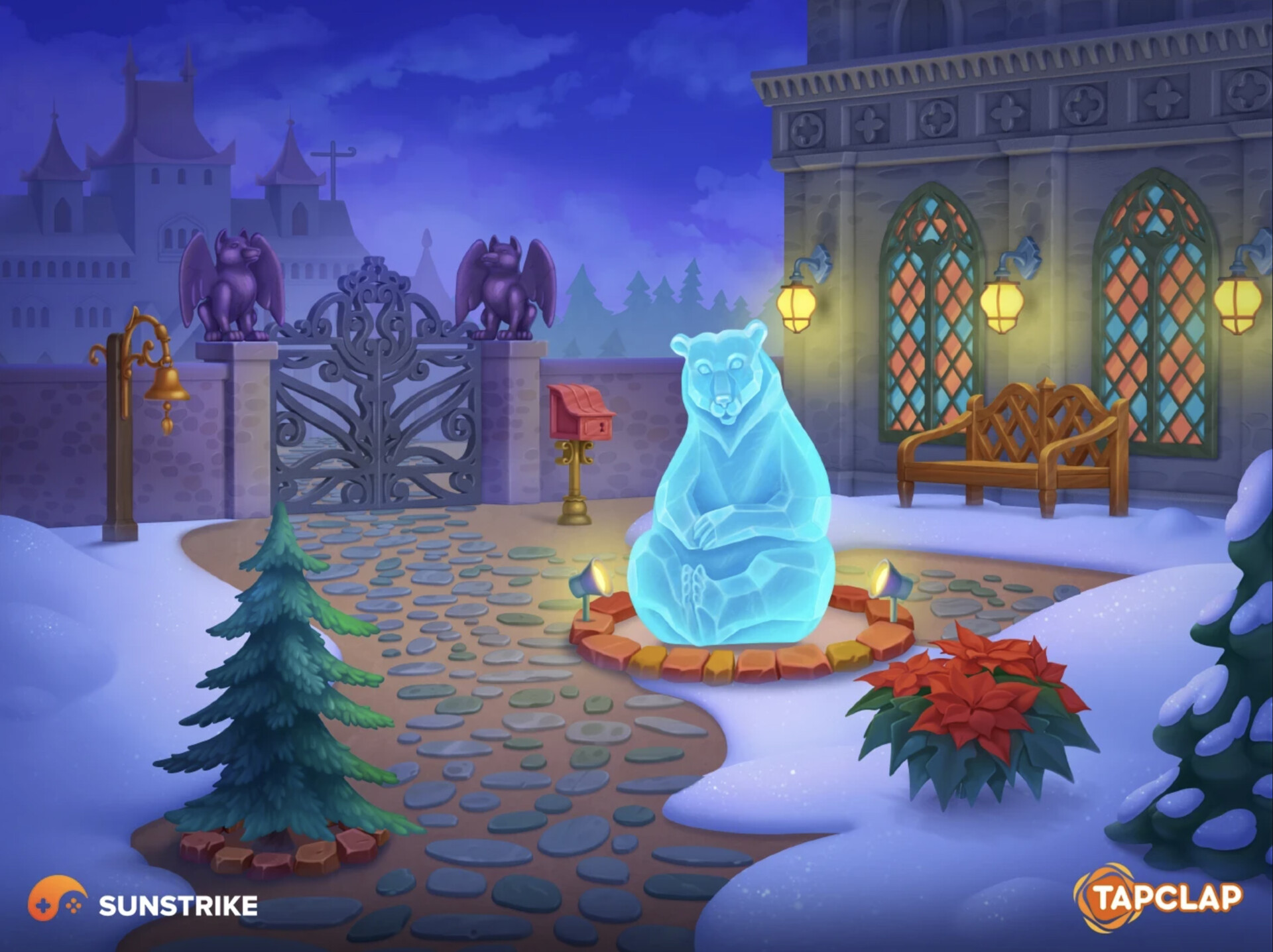 Game level background art - winter castle courtyard background for mobile game