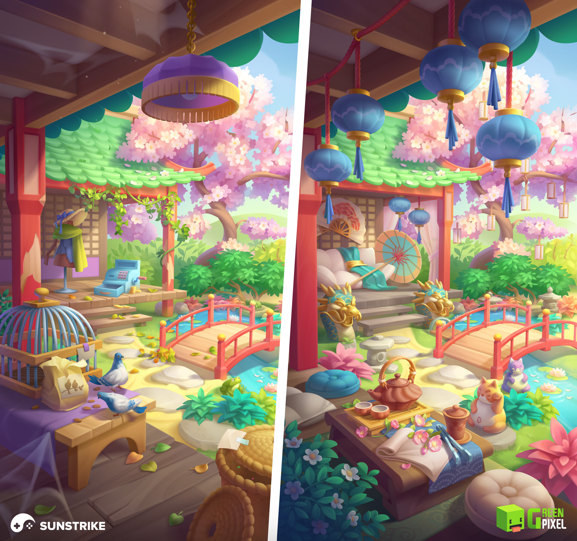 Casual game background art - Japanese garden scene for hidden object mobile game