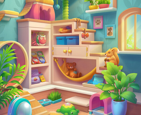 Casual game background art - indoor pet room environment for mobile game