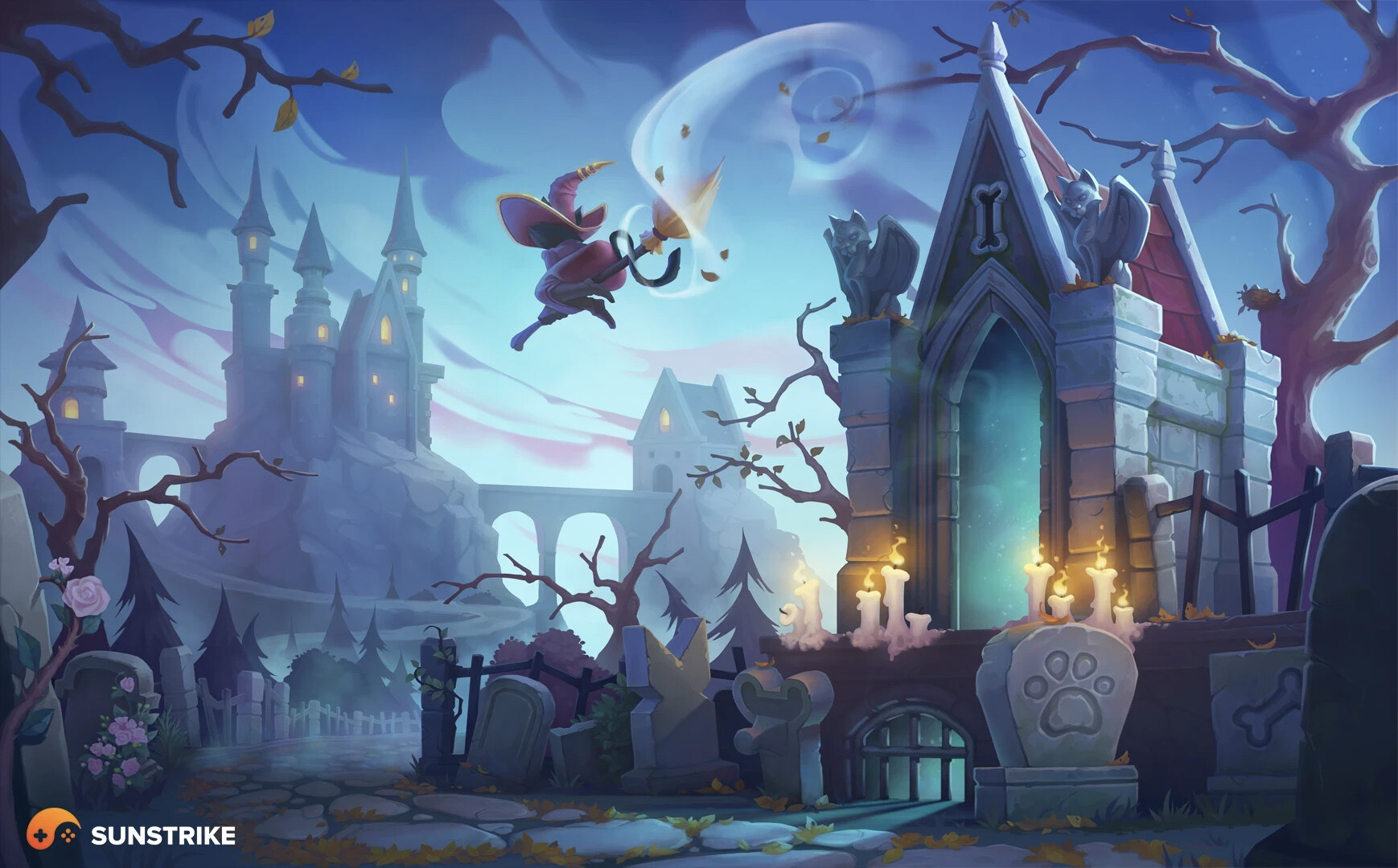 Game loading screen art - fantasy graveyard background with witch for mobile game