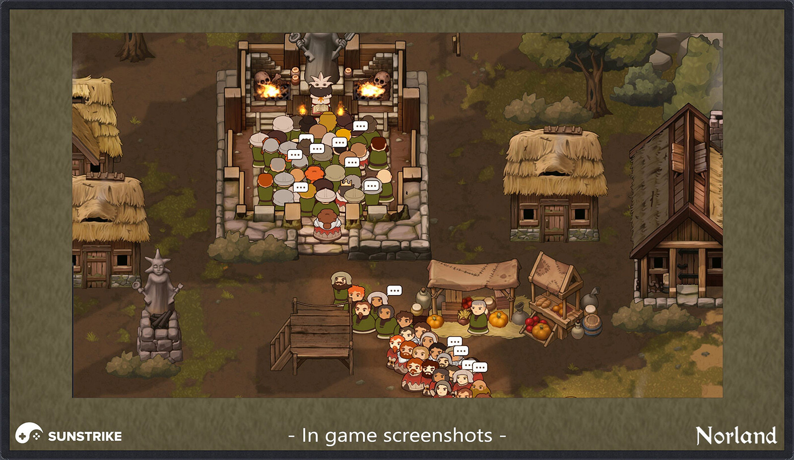 Norland game interface - top-down village scene with characters and in-game HUD elements by SunStrike Studios